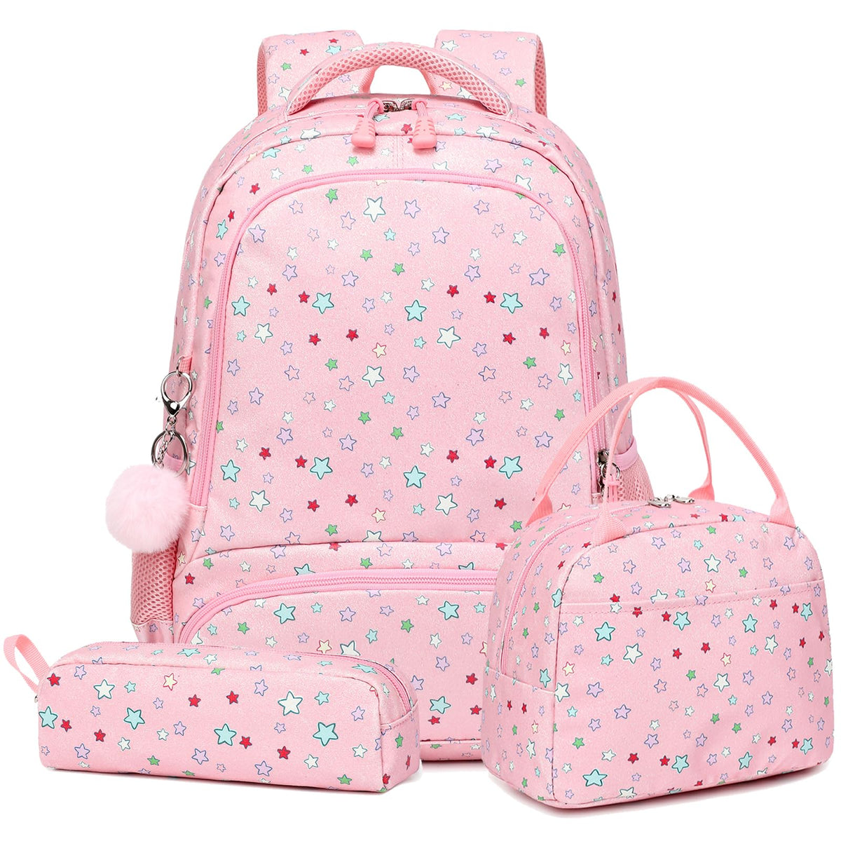 Dafelile Girls Backpack for Elementary Shiny Glitter School Backpack Kids Backpack School Bookbag Sparkly Backpack for Girls 3 in 1 Set with Lunch Box Back to School