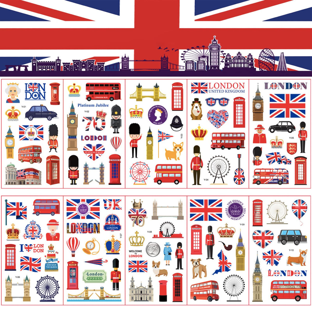 10 Sheet Union Jack Flag Tattoos for VE-Day 80th Anniversary Decorations,Coronation Temporary Tattoos Stickers,Fake Tattoos UK Stickers for Adult,Kids Stick on Tattoos Union Jack Party Supplies