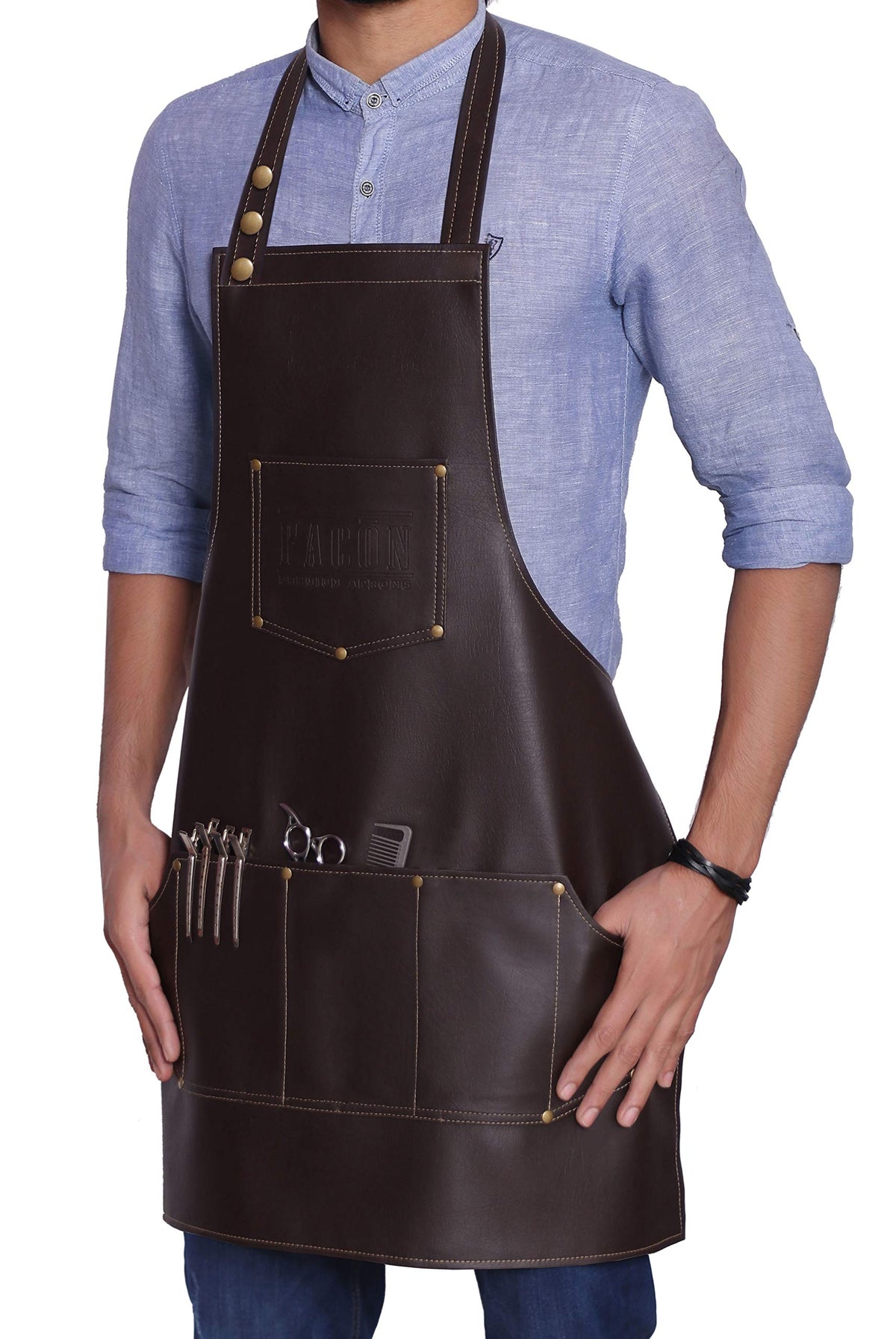 FacÃƒÂ³n Professional Leather Hair Cutting Hairdressing Barber Apron Cape for Salon Hairstylist - Multi-use, Adjustable with 6 pockets - Heavy Duty Premium Quality - Limited Edition - 28" x 24" (Brown)