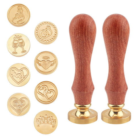 CRASPIRE Wax Seal Stamp Wedding Kit 8pcs Vintage Sealing Wax Stamps with 2pcs Wood Handles 25mm Round Removable Brass Head Sealing Stamp,Wax Seal Stamp Heads Set for Invitation Card Gift Wrap-Heart