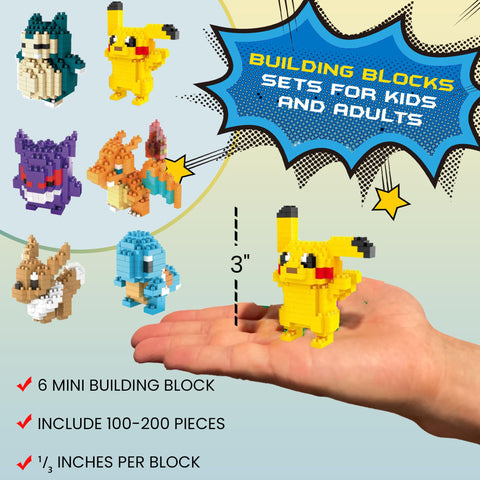 Playhero Pocket Beasts Building Blocks Sets for Kids and Adults, Includes 6, 3" Toys with Instructions, Gift for Birthdays, Party Favors, Goodie Bags, Prizes, Fillers.