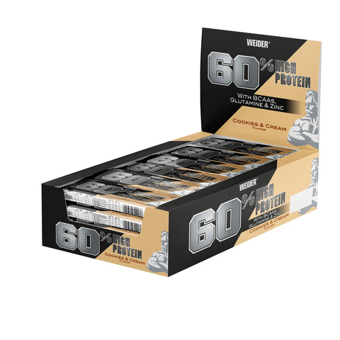 Weider Wedier 60% Protein Bar Cookies & Cream, 24 x 45 g of Protein, Low Carb, Low Sugar, 24 bars P33537