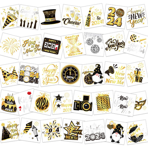 HOWAF 72pcs New Years Temporary Tattoos, 2024 NYE Party Favors Tattoos Stickers,New Year Face Tattoos for Happy New Year Eve Party Decorations,New Years Firework Temporary Tattoos, Black Gold Silver