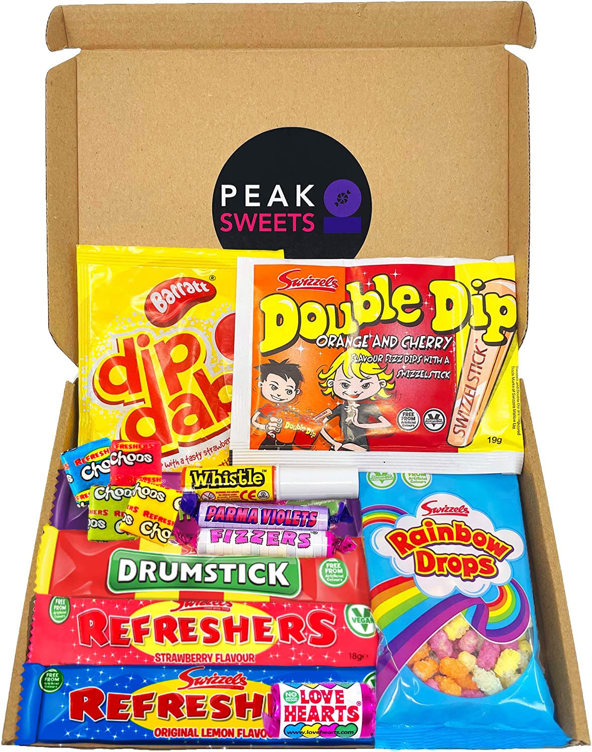 Peak Sweets Vegan Sweets Gift Box for Kids - Retro Sweets Box with Assortment of Old School Sweets - Letterbox Sweets Gift Hamper Swizzels Chew Bars