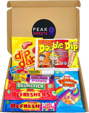 Peak Sweets Vegan Sweets Gift Box for Kids - Retro Sweets Box with Assortment of Old School Sweets - Letterbox Sweets Gift Hamper Swizzels Chew Bars