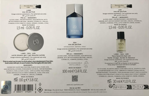 Mercedes-Benz Sea for Men - 5 Pc Gift Set 3.4oz EDP Spray, 0.05oz Air EDP Spray, 0.05oz Land EDP Spray, 1oz LSA Face Beard and Hair Oil, 3.8oz LSA Solid Shower Gel