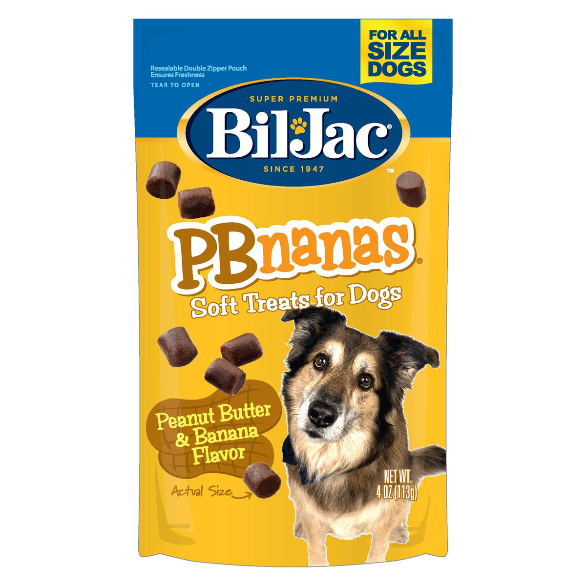 Bil-Jac Dog Treats - PBnanas Soft Puppy Training Treat Rewards, 4oz Resealable Double Zipper Pouch (4-Pack)