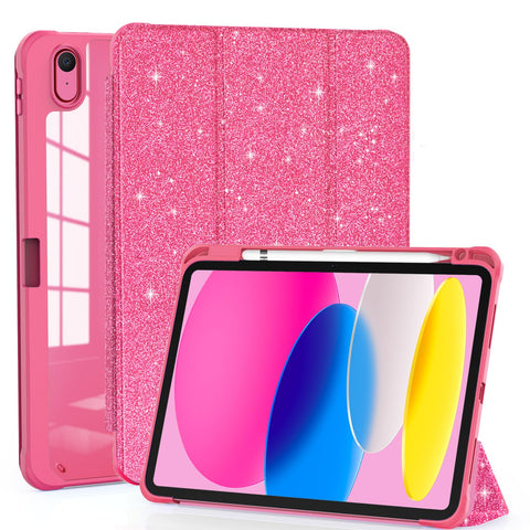 OKP for New iPad 10th Generation Case 2022, ipad 10.9 inch Case with Trifold Stand, Auto Wake/Sleep, ipad 10 gen Protective Cover with Slim Lightweight Clear PC Back Shell for Women, Glitter Pink