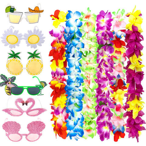 Whaline 12 Set Tropical Hawaiian Leis Luau Flower Necklace and Novelty Beach Sunglasses for Summer Luau Party Supplies Decoration
