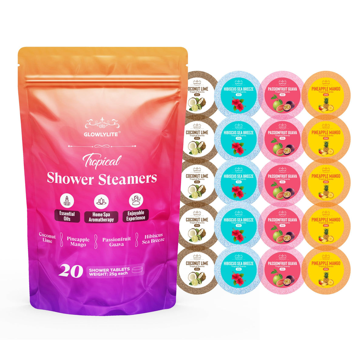 Glowlylite Shower Steamers Aromatherapy - 20 Packs Shower Bombs Essential Oils for Home Spa Bath, Self Care, Stress Relief (Tropical)
