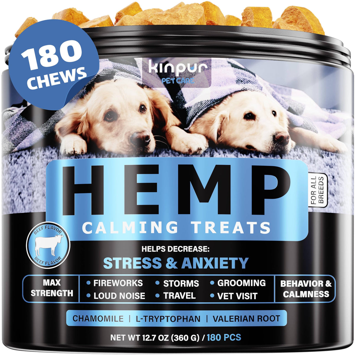 Calming Chews for Dogs - Dog Calming Treats with Hemp Oil, Valerian Root, Vitamin B - Dog Anxiety Relief, Separation, Fireworks, Thunderstorms - for All Breeds - 180 Dog Calming Chews, Beef