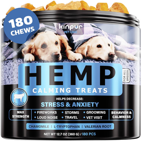 Calming Chews for Dogs - Dog Calming Treats with Hemp Oil, Valerian Root, Vitamin B - Dog Anxiety Relief, Separation, Fireworks, Thunderstorms - for All Breeds - 180 Dog Calming Chews, Beef