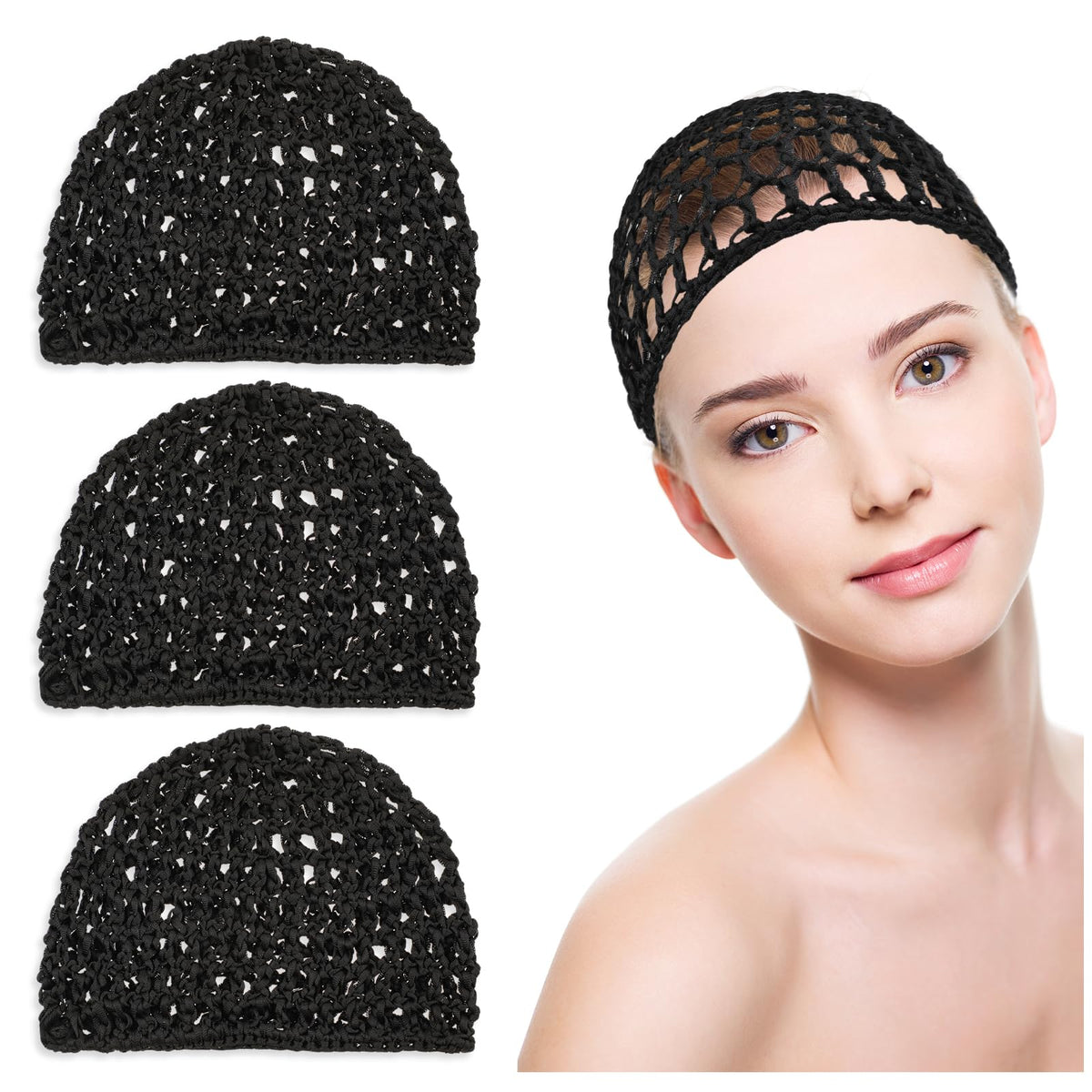 Abeillo 3PCS Crochet Hair Net, Hair Wrap Net, Mesh Wrapping Hair Nets Cap Soft Reusable Crocheted Sleep Cap for Women, Hair Wrap for Sleep Hair Silk Tidy (Black), Black, Large
