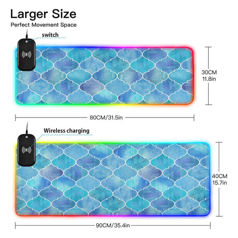 Biue Moroccan Style Wireless Charging Mouse Pad for Mobile Phone Extra Large Gaming Mousepad with 13 Lighting Modes Keyboard Mat for Gaming MacBook PC Laptop Desk Office Home