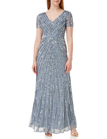 Maya Deluxe Women's Maxi Ladies Embellished Sequin Dress Long Short Sleeve V Neck High Empire Waist A Cut Shiny Prom Wedding Bridesmaid, Dusty Blue, 6