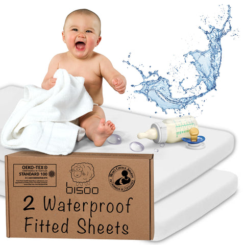 Bisoo Toddler Junior Waterproof Bed Sheets 160 x 70 Fitted / 27x63 in - Set of 2 White Fitted Sheet Mattress Protector Made of 100% Jersey Oeko-Tex + PU - Cot Bed & Crib - Soft & Silent