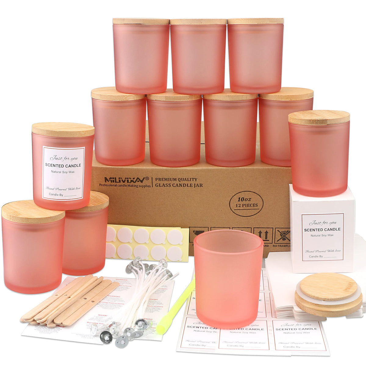 MILIVIXAY 12 Pack 10 OZ Matte Pink Glass Candle Jars with Lids and Candle Making Kits - Bulk Empty Candle Jars for Making Candles - Spice, Powder Containers.