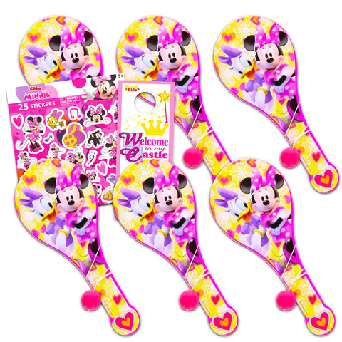 Classic Disney Disney Minnie Mouse Paddle Ball Party Favors - Bundle with 6 Minnie Paddle Ball Games and Stickers for Kids and Toddlers (Minine Mouse Party Supplies)