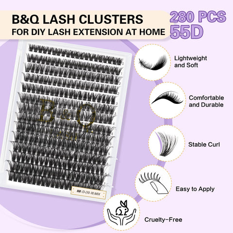 Lash Clusters Individual Lashes B&Q Lash 280 PCS Eyelash Clusters False Eyelash 55D Lash Extension Fluffy Natural Cluster Eyelash Extensions DIY Eyelash Extensions at Home (RR280-55D-C-9-16)