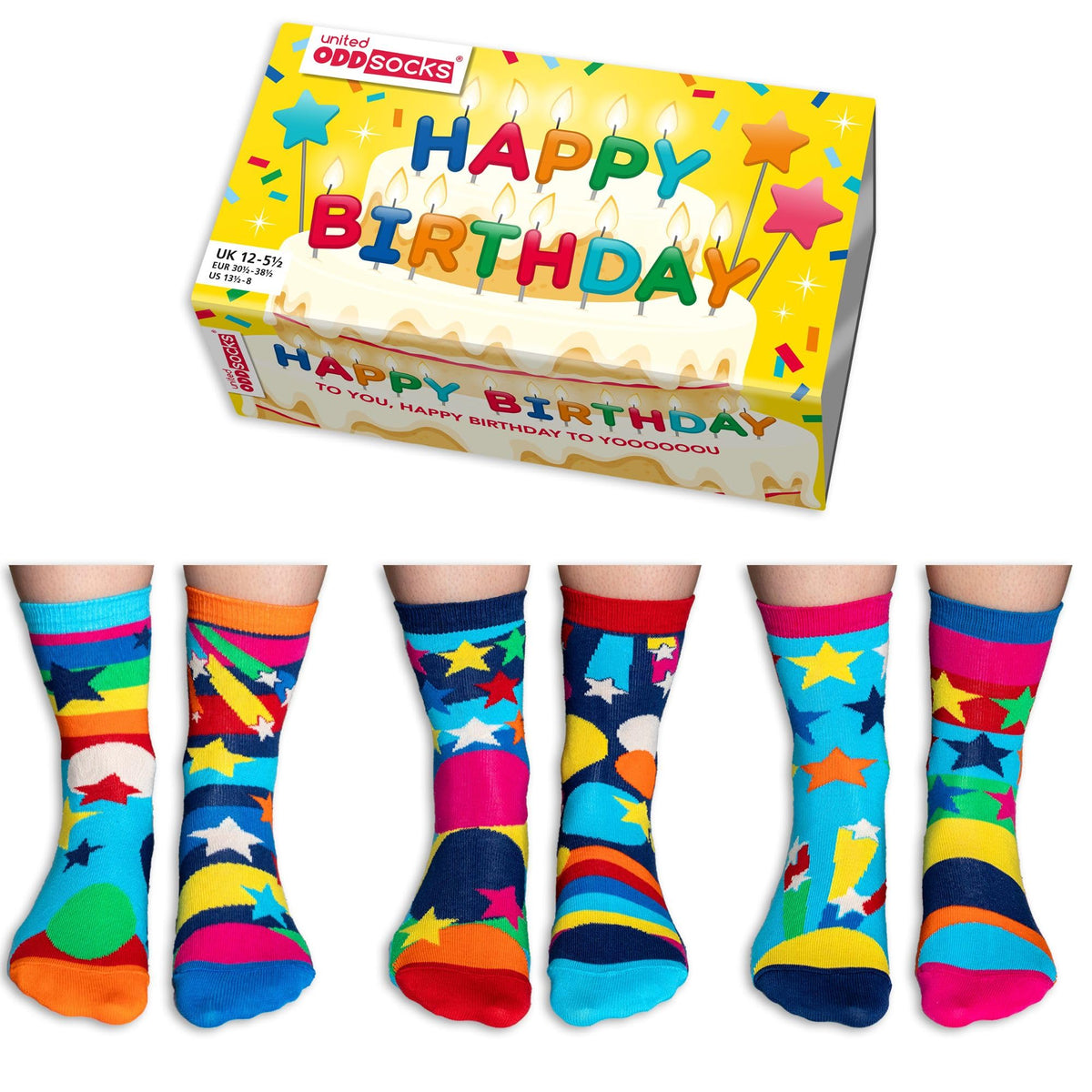 United Oddsocks Happy Birthday Box 6 Oddsocks For Kids UK 12-5.5 EUR 30.5-38.5