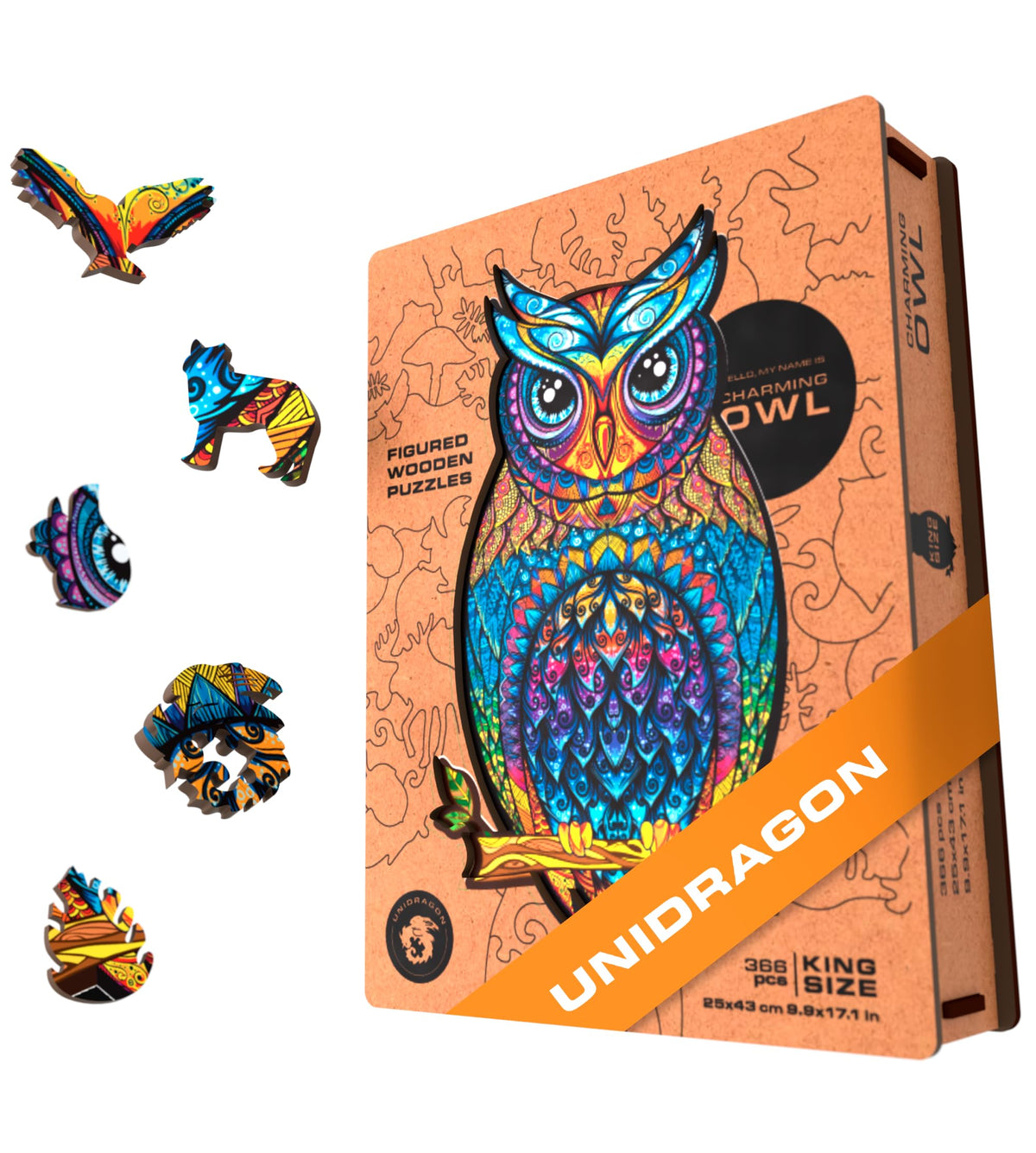 UNIDRAGON Wooden Jigsaw Puzzles - Charming Owl, 366 pcs, King Size 9.9" ?17.1, Beautiful Gift Package, Unique Shape Best Gift for Adults and Kids