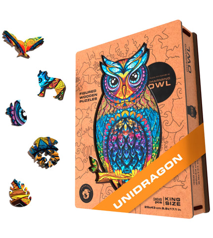UNIDRAGON Wooden Jigsaw Puzzles - Charming Owl, 366 pcs, King Size 9.9" ?17.1, Beautiful Gift Package, Unique Shape Best Gift for Adults and Kids