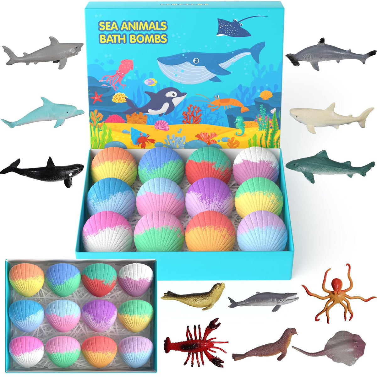 Kids Bath Bombs with Surprise Toys Inside, 12 Pack Shell Organic Bath Bombs for Kids with Ocean Sea Animals for Girls Boys Toddlers, Marine Shark Bath Bomb Gift Set for Easter Birthday Bubble Bath