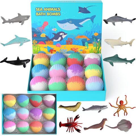 Kids Bath Bombs with Surprise Toys Inside, 12 Pack Shell Organic Bath Bombs for Kids with Ocean Sea Animals for Girls Boys Toddlers, Marine Shark Bath Bomb Gift Set for Easter Birthday Bubble Bath