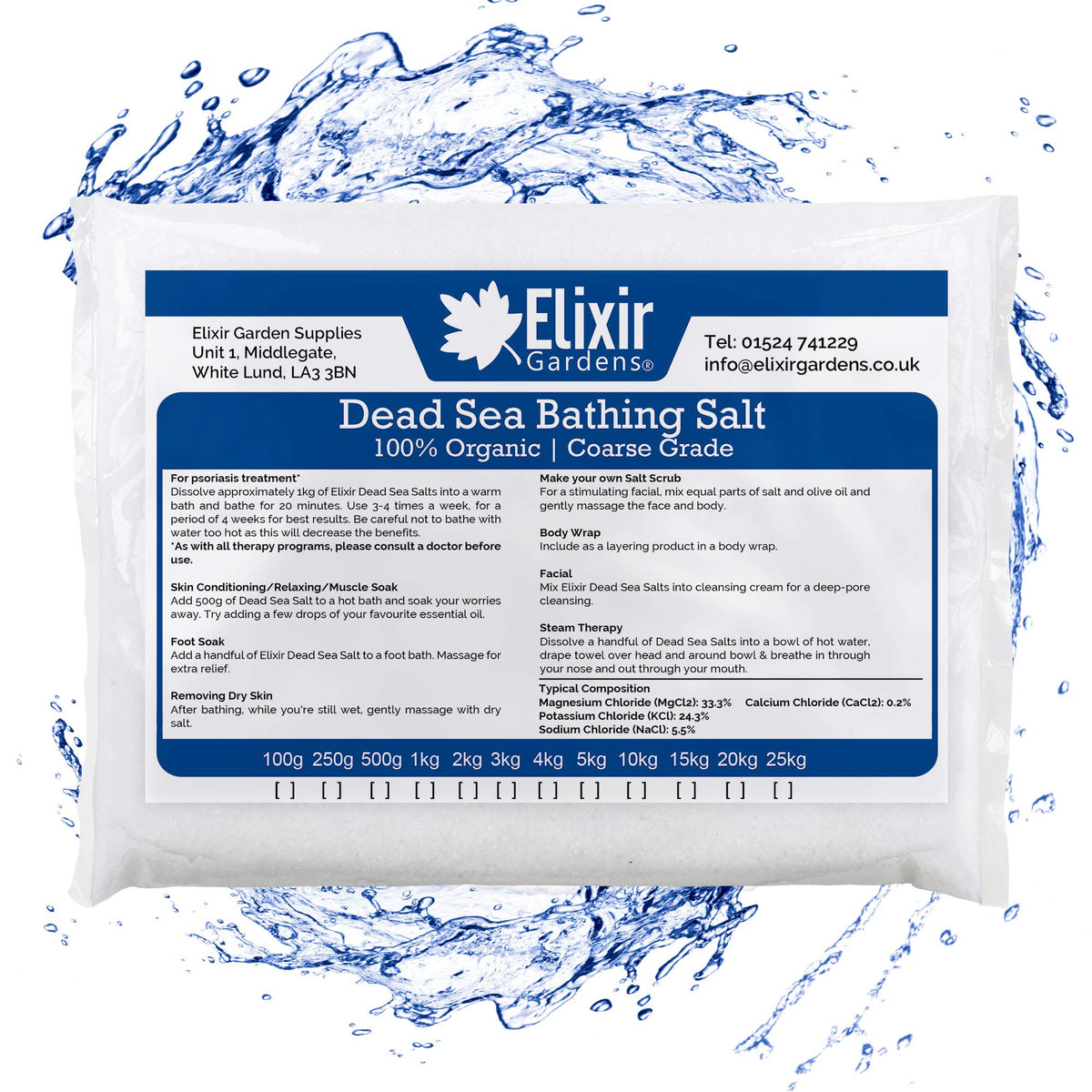 Elixir Gardens Dead Sea Bath Salts | Coarse or fine Grade Available | Choose from 250g Pack Size up to 25kg | 500g Coarse Grade