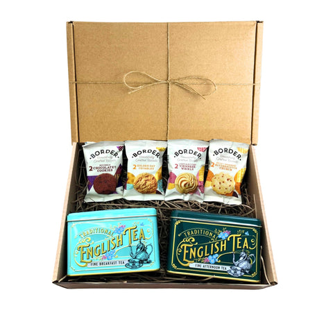 Tea Gift Set Hamper With Border Biscuits & 80 English Teabags (Breakfast & Afternoon) Vintage Tins | Mother Day Hamper