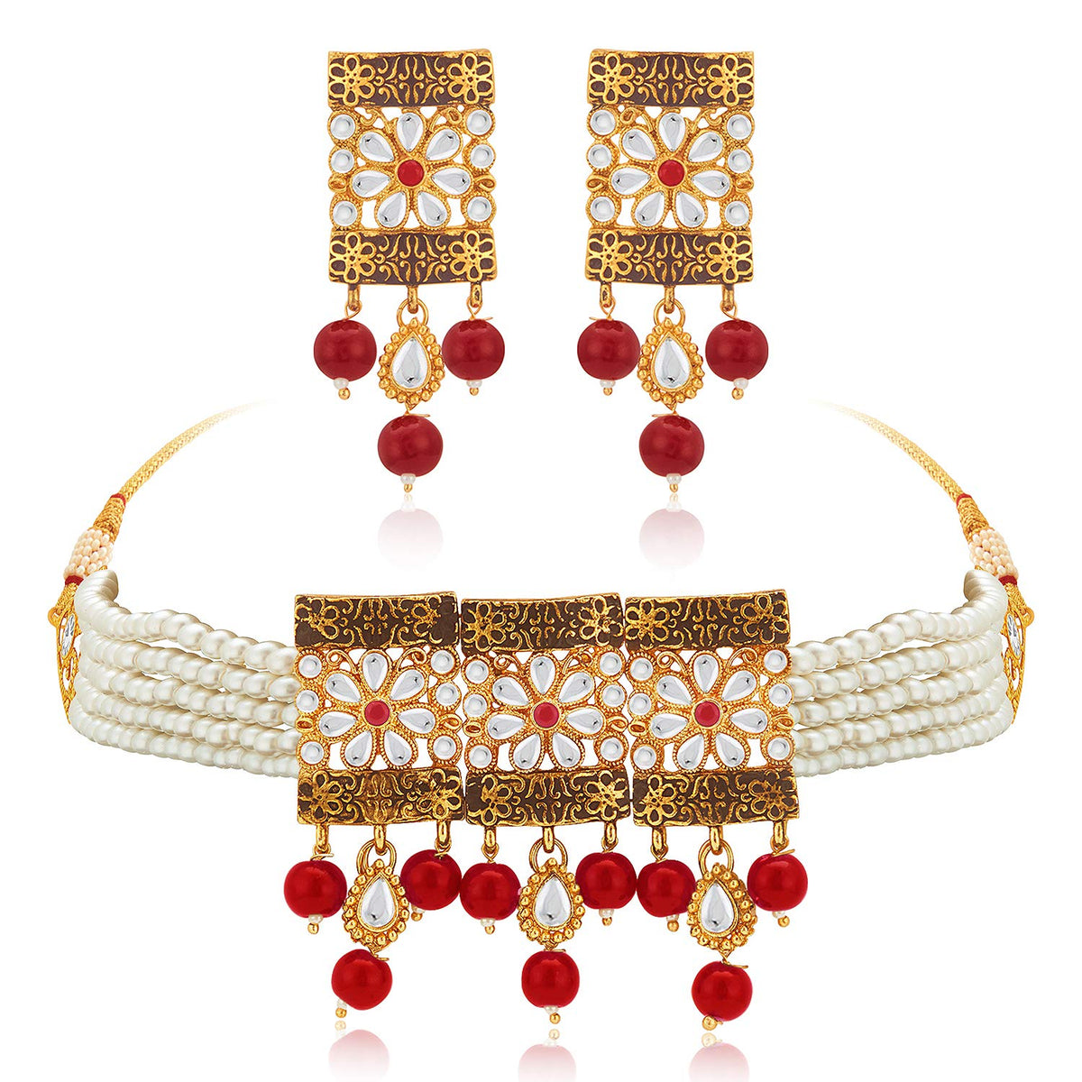 Aheli Kundan Brass and Pearl Choker Necklace Earrings Indian Traditional Jewelry Set for Women & Girls (Maroon_84 gm)