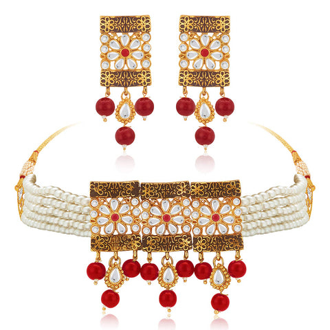 Aheli Kundan Brass and Pearl Choker Necklace Earrings Indian Traditional Jewelry Set for Women & Girls (Maroon_84 gm)