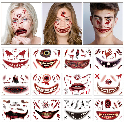 Konsait 12 Sheets Halloween Scar Tattoos Temporary Zombie Tattoos, Bleeding Wound Halloween Face Tattoos, Waterproof Halloween Tattoos for Adults Kids
