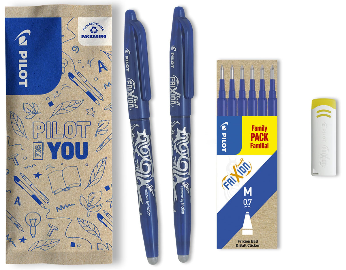 Pilot Frixion Erasable Rollerball 0.7mm Tip Twin Pack with 6 Refills and Eraser- Blue, FLW538257