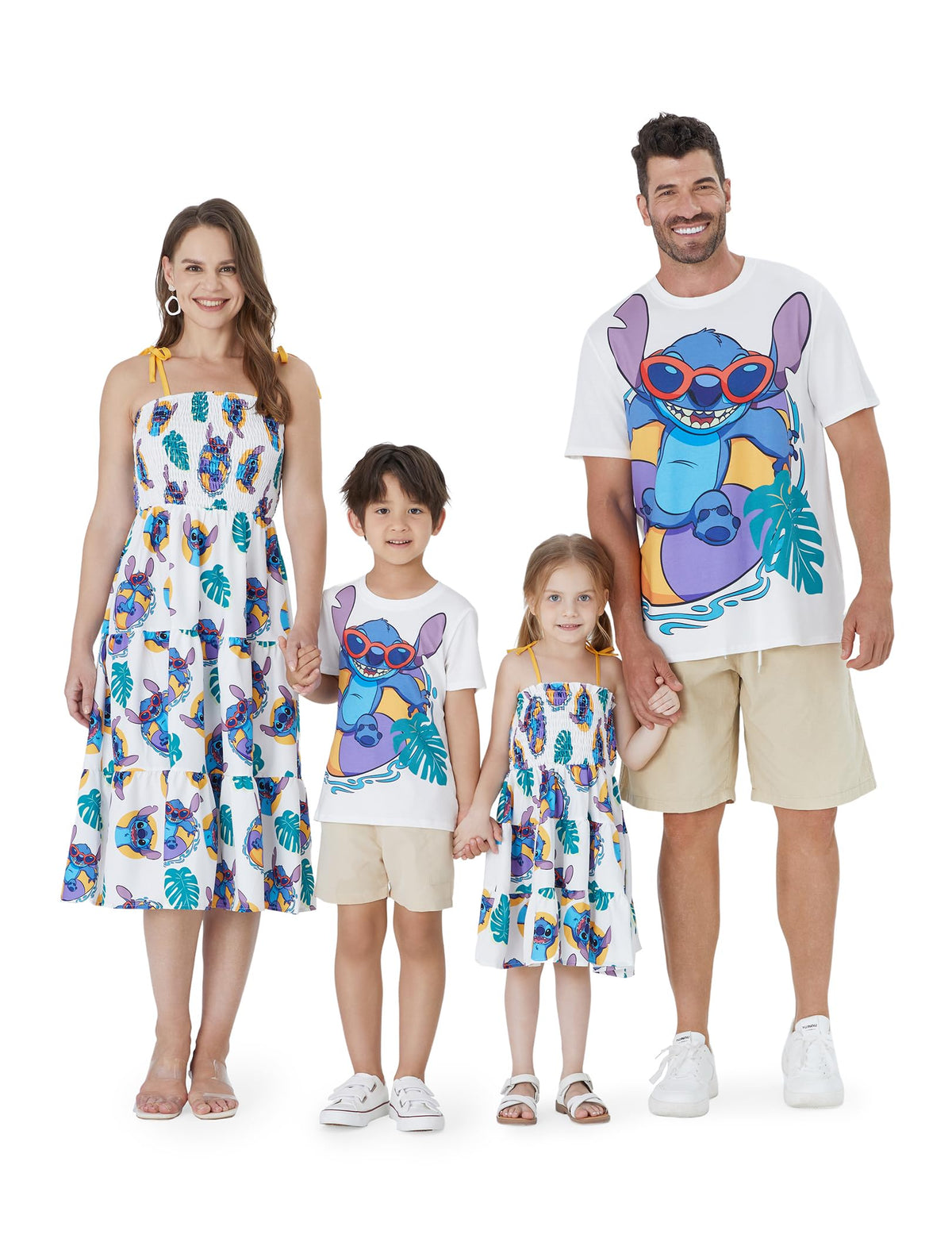 Disney Stitch Matching Family Outfits Mommy and Me Cami Dress Hawaiin Summer Casual Flowy Sundress and Shirts Set White Toddler Boy 4-5 Years