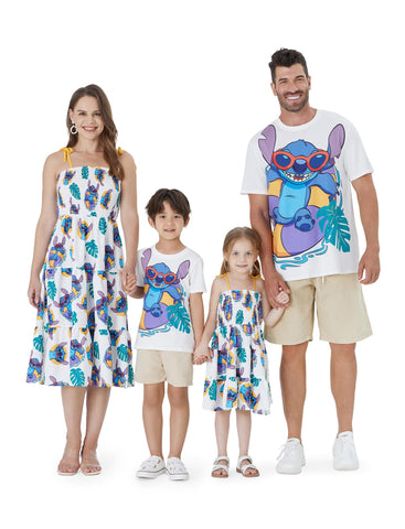 Disney Stitch Matching Family Outfits Mommy and Me Cami Dress Hawaiin Summer Casual Flowy Sundress and Shirts Set White Toddler Boy 4-5 Years