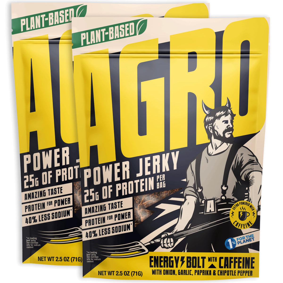 AGRO Caffeinated Power Jerky, 25G Protein, 40% Less Sodium, Meatless 2 Pack, Energy Bolt