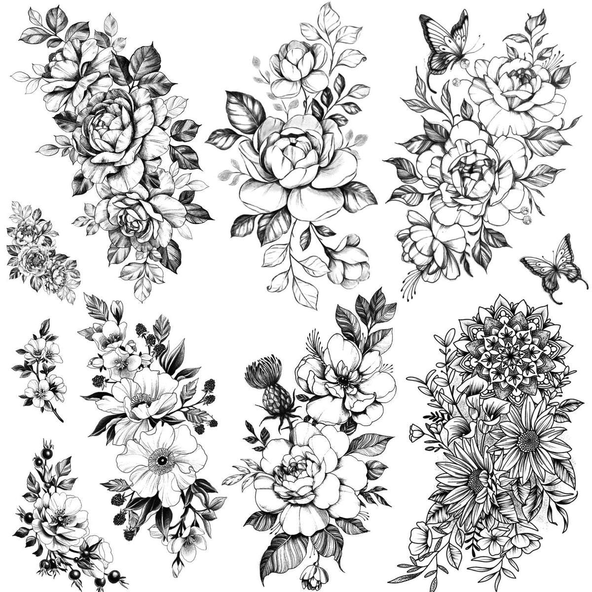 Kotbs 6 Sheets Large Sexy Flower Rose Temporary Tattoos for Women Girls Adults, Body Art Fake Arm Tattoo Stickers, Waterproof Black Floral Tattoo Temporary Chrysanthemum Tatoos