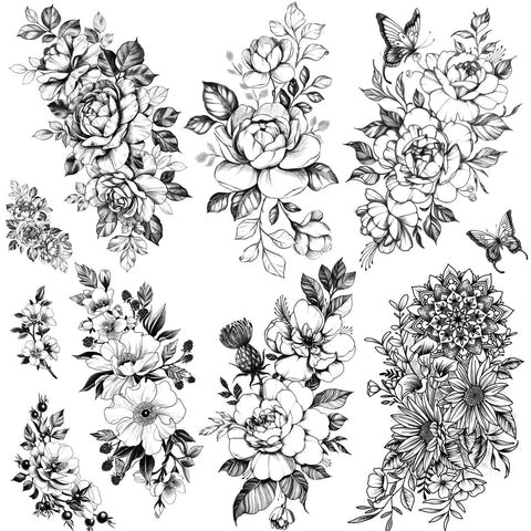 Kotbs 6 Sheets Large Sexy Flower Rose Temporary Tattoos for Women Girls Adults, Body Art Fake Arm Tattoo Stickers, Waterproof Black Floral Tattoo Temporary Chrysanthemum Tatoos