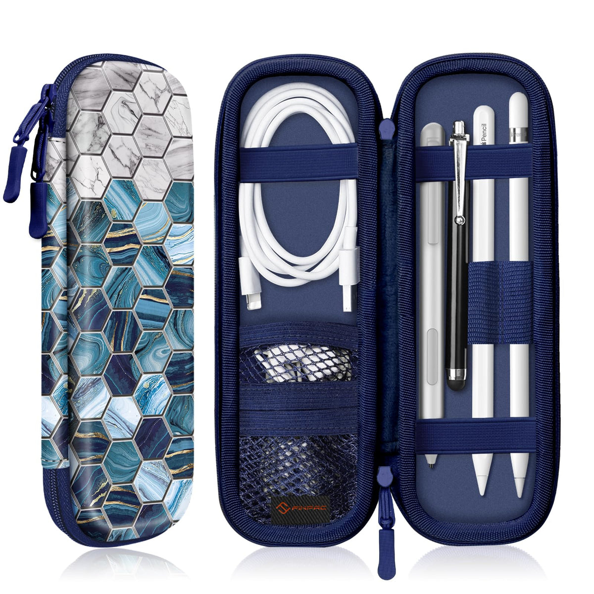 Fintie Holder Case for Apple Pencil Pro, Apple Pencil (USB-C) & Apple Pencil (1st / 2nd Gen), PU Leather Carrying Bag Sleeve Compatible with Apple Pen, USB Cable, Samsung Stylus, Agate Hexagons