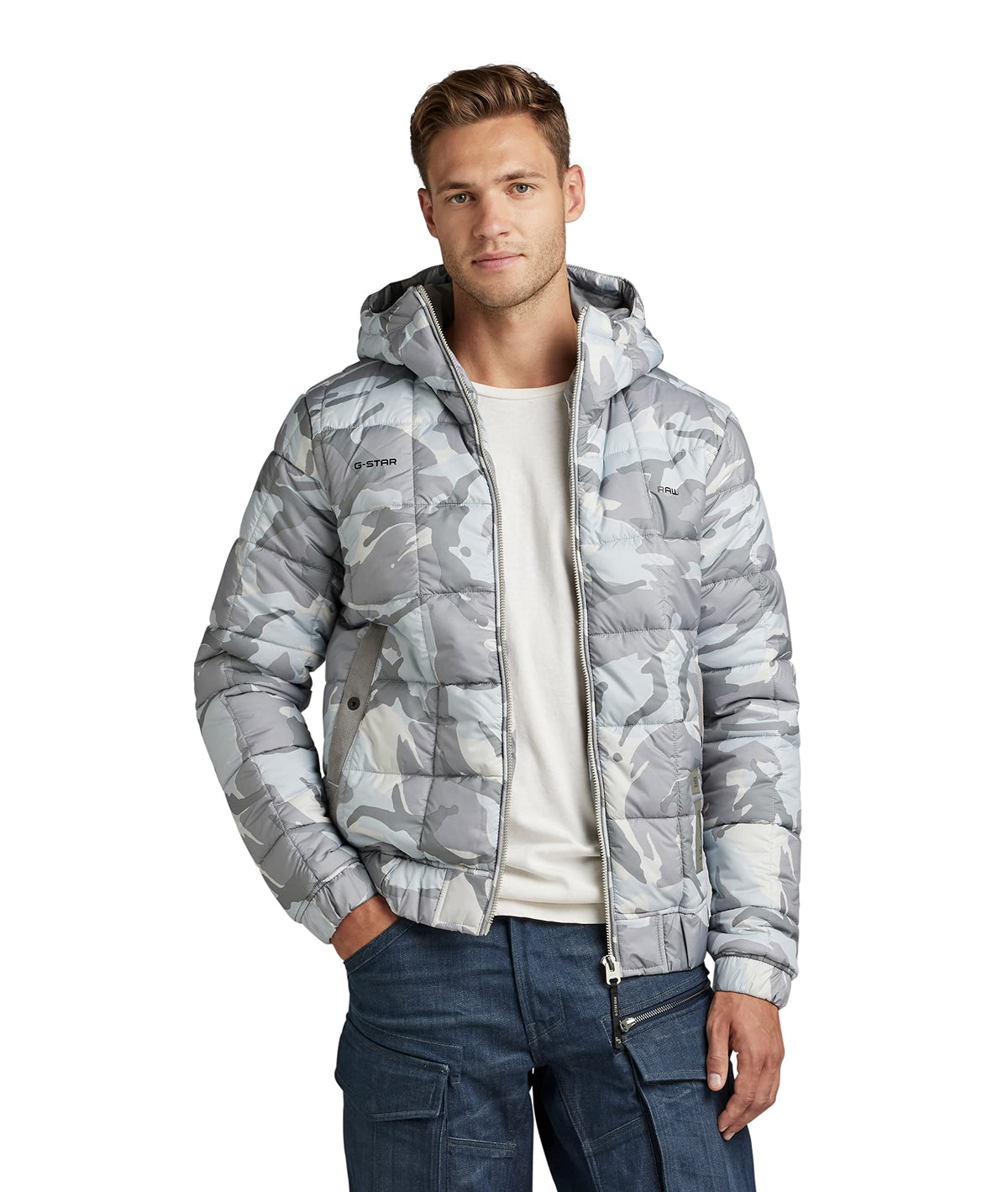 G-Star Men's Meefic Squared Quilted Hooded Jacket, Multicolour (cool grey woodland camo D20126-C441-D436), XS