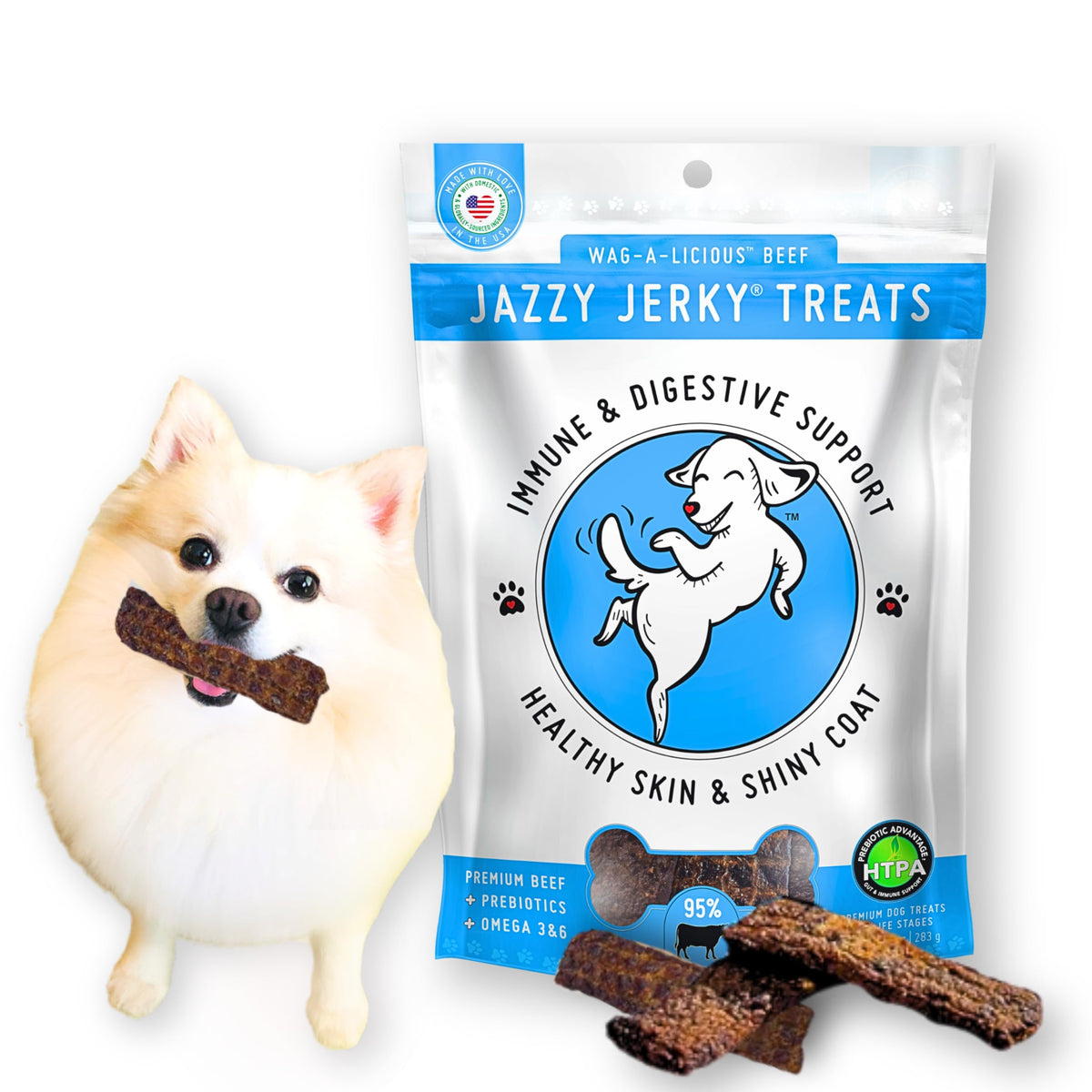 Jazzy Jerky Treats, Wag-A-Licious Beef with Prebiotics for Gut & Immune Health, Omega 3s & 6s for Skin & Coat Health, Made in USA, Small-Large Dogs,10 oz