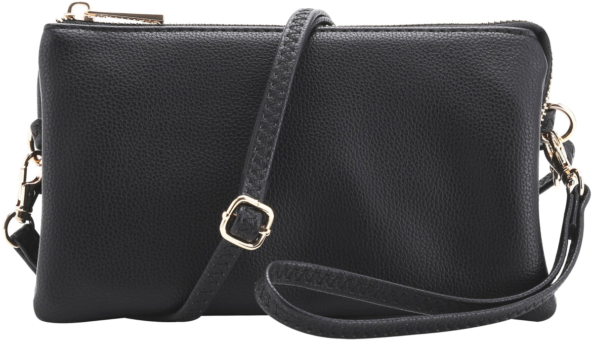 Vegan Leather Multi-Pocket Crossbody Purse/Clutch with Card Slots, Removable Wristlet Strap & Adjustable Shoulder Strap, Black, S