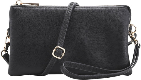 Vegan Leather Multi-Pocket Crossbody Purse/Clutch with Card Slots, Removable Wristlet Strap & Adjustable Shoulder Strap, Black, S