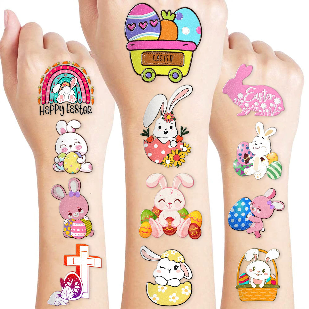 Easter Temporary Tattoos - Bunny 80PCS Easter Rabbit Basket, Religious Themed Stickers for Kids Birthday Party Supplies Decorations Favors and Prizes - Cute Gifts for Boys and Girls Ideal School