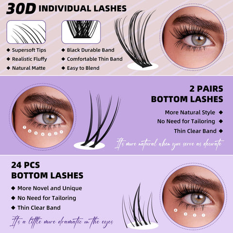 B&Q Eyelash Extension Kit with Bottom Lash Extension 10-18mm 30D D Curl Lash Clusters Kit with Bottom Lashes DIY Lash Extension Kit Bond and Seal Lash Applicator (Kit-30D-D-MIX10-18)