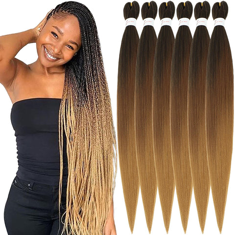 Xusuperb Pre Stretched Braiding Hair Extensions 30 inch Ombre Brown 6 Packs Long Kanekalon Easy Braids Extensions Hair Hot Water Setting Soft Yaki Knotless Synthetic Hair for Braiding(1B/30/27#)