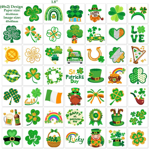 HOWAF 96pcs St. Patrick's Day Temporary Tattoos,Glitter Shamrock Tattoo Stickers for Irish Party Decorations,Lucky Clover Face Tattoos with Leprechaun for Green Party Parade Makeup