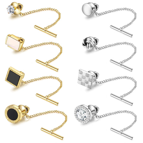 Diamday 8 Pcs Tie Tacks for Men 14K Gold Plated Tie Tacks with Chain Mens Tie Pins for Regular Ties Necktie for Wedding Business Anniversary Sliver Gold