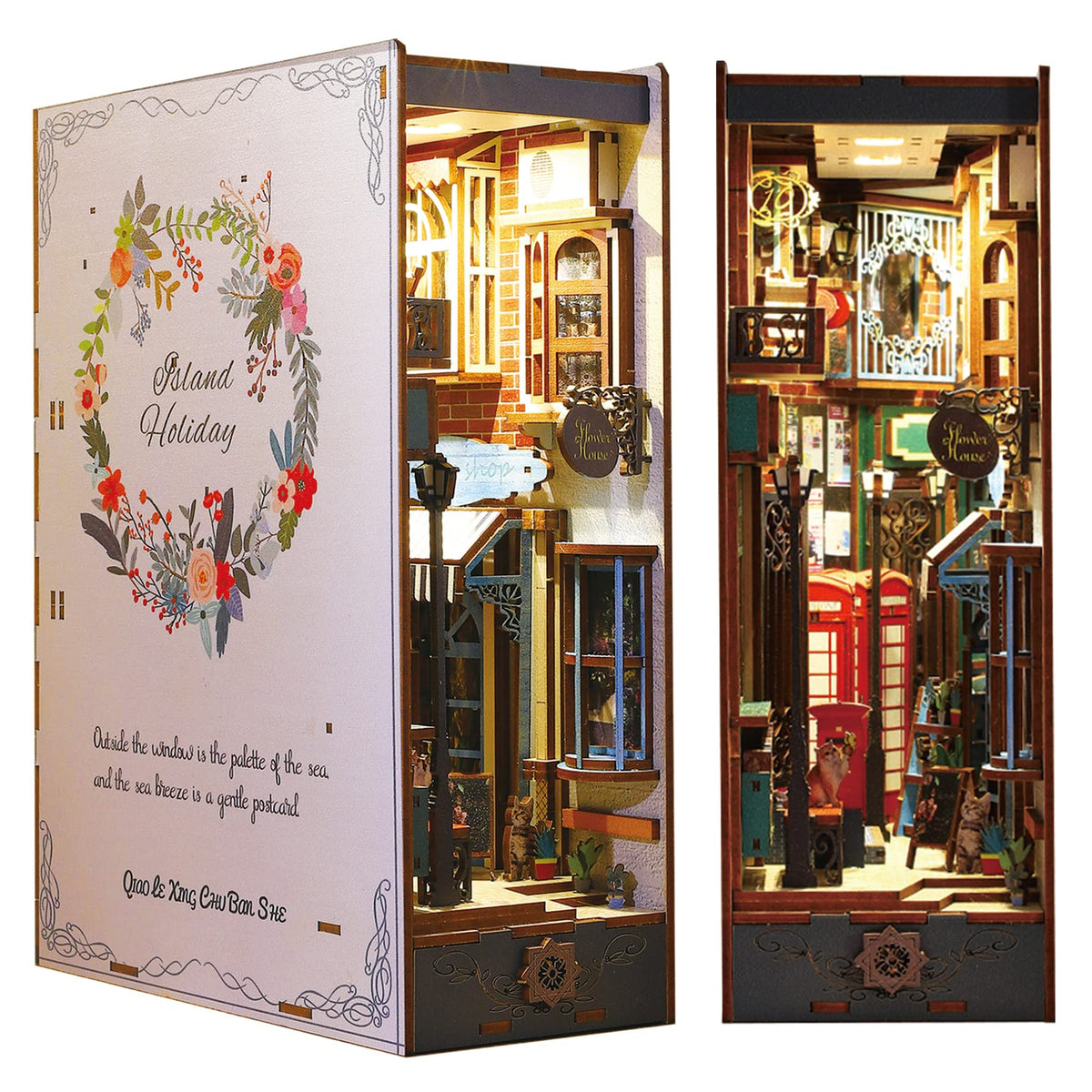 Spilay DIY Dollhouse Miniature Book Nook Assemble Kit,3D Wooden Puzzle Bookshelf Insert Decor with Sensor Light,Bookends Model Build-Creativity Kit for Kids Adults Birthday Gift (Island Holiday)